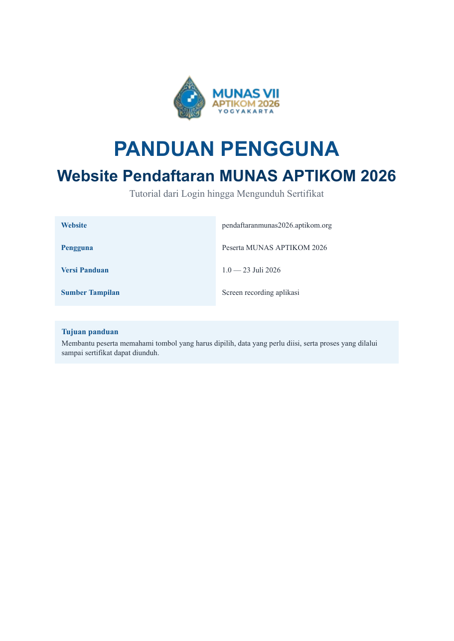 Sampul Panduan Pengguna Website Pendaftaran MUNAS APTIKOM 2026